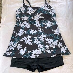 Two-piece Swimsuit Black with White and Teal Flowers, Size XL, NWT